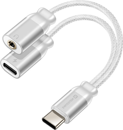 Swissten 2-in-1 USB-C Charging Adapter 3.5mm Audio Cable Nylon Anti-Knot White
