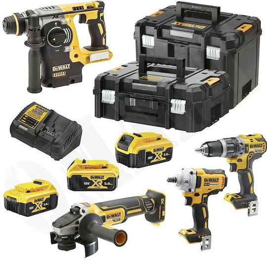 DEWALT DCK428P3T Set Angle Wheel & Impact Drill Driver & Impact Driver & Hammer Brushless 18V with 3 Batteries 5Ah and Case