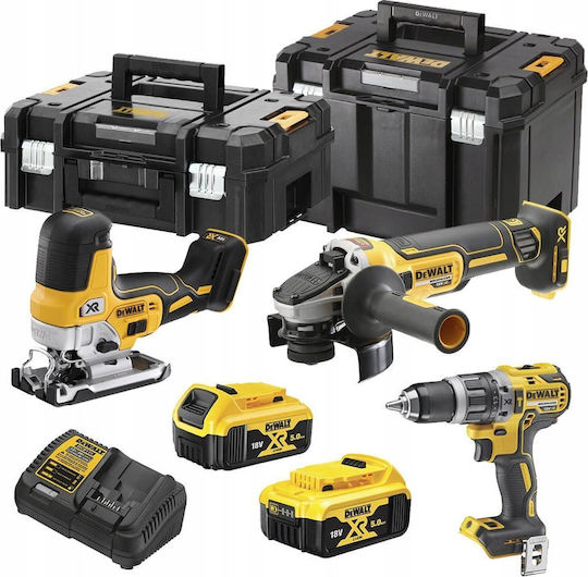 DEWALT DCK329P2T Set Eckiges Rad & Schlagbohrschrauber & Stichsäge Brushless 18V mit 2 Batterien 5Ah und Hülle