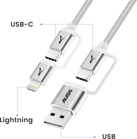Akashi 4-in-1 Usb-c + Lightning Cable Apple Carplay Android Auto Compatible Grey