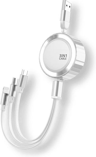 Eko Ausziehbares 3-in-1 Micro-USB Lightning USB-C Zu USB-A 3A 480Mbps 1,2m Kabel Silber
