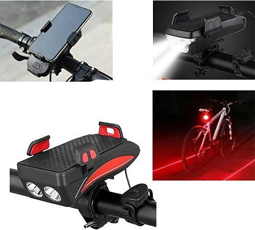 4 1 OEM Mobile Phone Holder Bicycle Flashlight Horn Light Powerbank Red