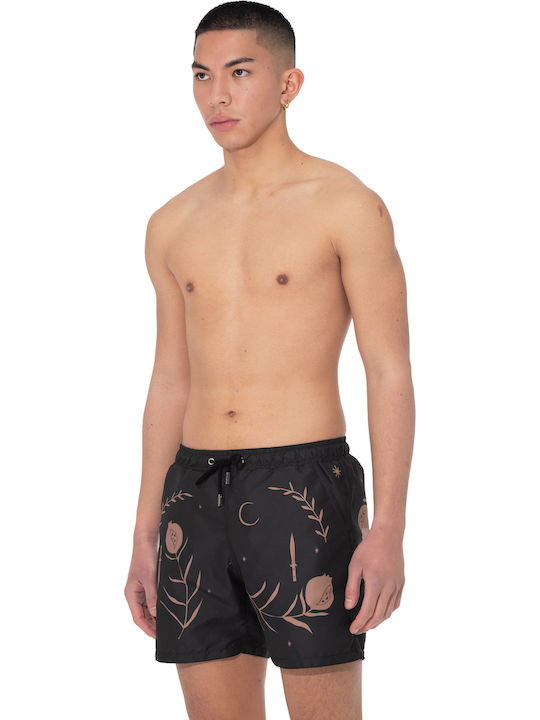 Né En Août Men's Swim Shorts In Black Pomegranate Good Luck Né En Août Men's Swim Shorts In Black Pomegranate Good Luck