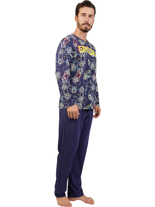 Gazzaz Herrenpyjamas Baumwollpyjama "game Over"-104038 Marineblau