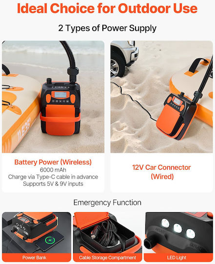 Vevor Paddle Board Pump Rechargeable Battery-powered 20psi Led Light