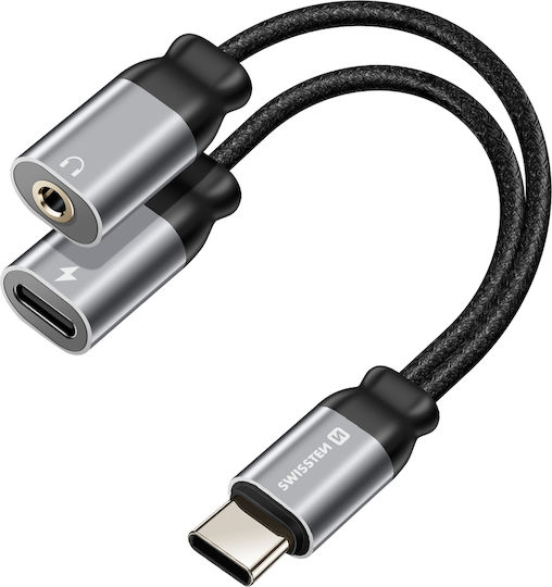 Swissten 2-in-1 USB-C Charging Adapter 3.5mm Audio Cable Nylon Anti-Knot Black