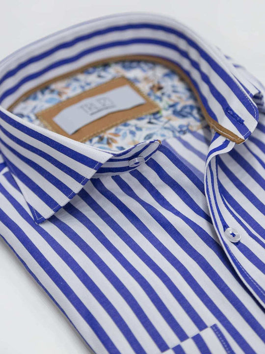 Long Sleeve Cotton Shirt in Regular Fit Striped Blue
