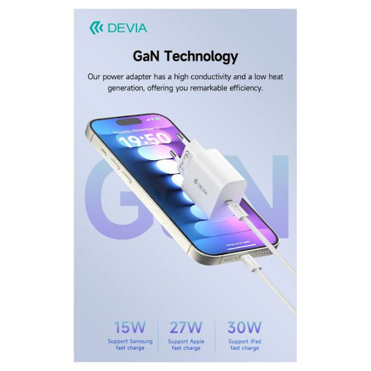 Devia Charger Without Cable GaN with USB-C Port 30W Power Delivery Whites (Smart)
