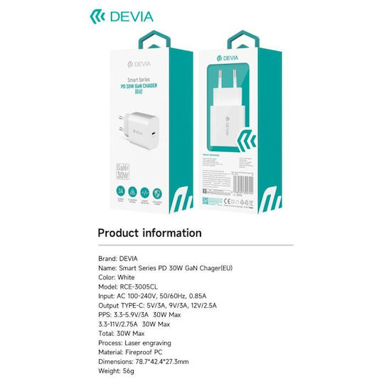 Devia Charger Without Cable GaN with USB-C Port 30W Power Delivery Whites (Smart)