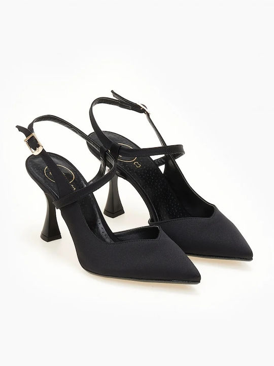 Satin Pumps Satin mit Stiletto Absatz und Riemen Schwarz
