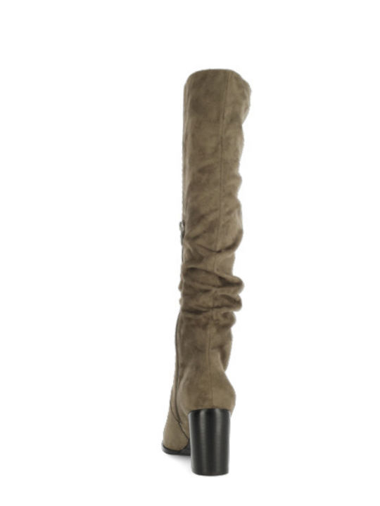 Suede Medium Heel Women's Boots with Zipper Khaki