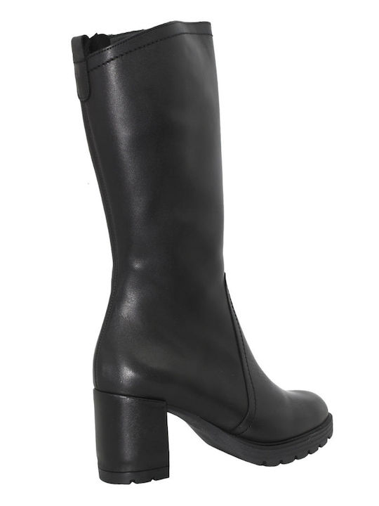 Leather Medium Heel Women's Boots with Zipper Black