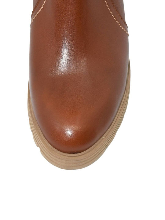 Leather Medium Heel Women's Boots with Zipper Brown