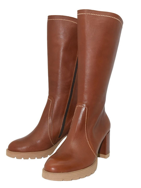 Leather Medium Heel Women's Boots with Zipper Brown