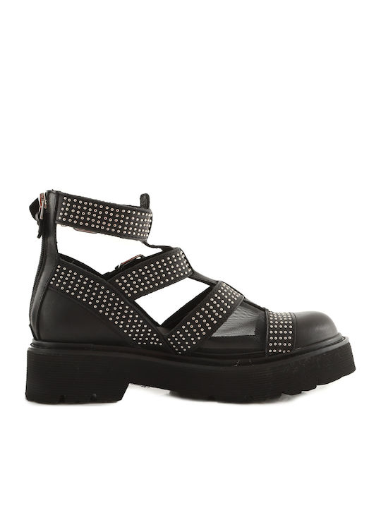 Leather Women's Flat Sandals in Black Color