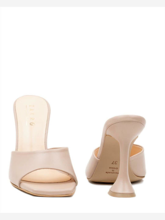 Leather Mules with Thin High Heel in Beige Color