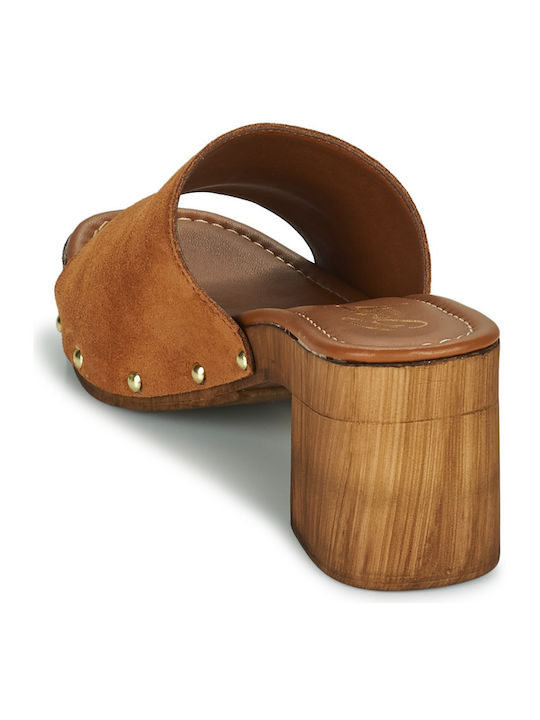 Lifou Mules με Χοντρό Ψηλό Τακούνι σε Καφέ Χρώμα