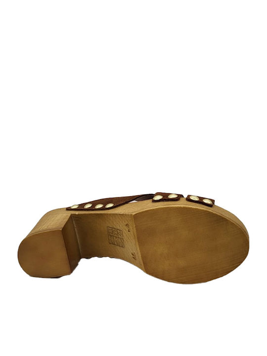 Leather Mules with Chunky High Heel in Tabac Brown Color