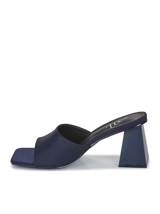 Malixia Mules με Χοντρό Ψηλό Τακούνι σε Navy Μπλε Χρώμα