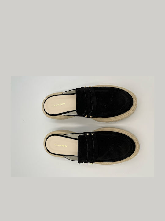 Suede Mules με Χοντρό Ψηλό Τακούνι σε Μαύρο Χρώμα