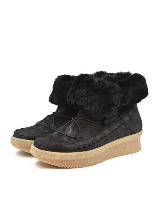 18ki8852 Leder Stiefeletten Damen mit Pelz Schwarz