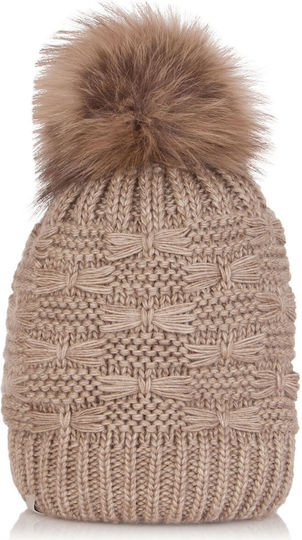 Pom Pom Beanie Beanie Knitted in Beige color