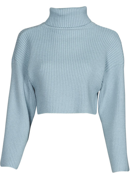 Damen Crop Top Rollkragenpullover Langarm Blau