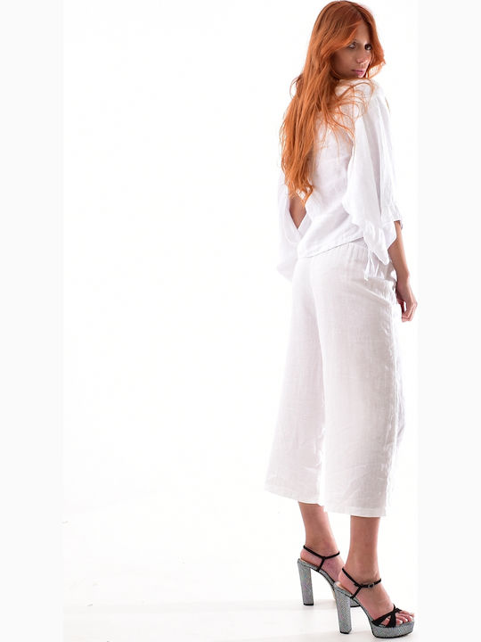 Women's Summer Blouse Linen Long Sleeve with V Neckline White
