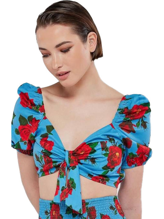 Women's Summer Blouse Short Sleeve with V Neckline Floral Blue-red