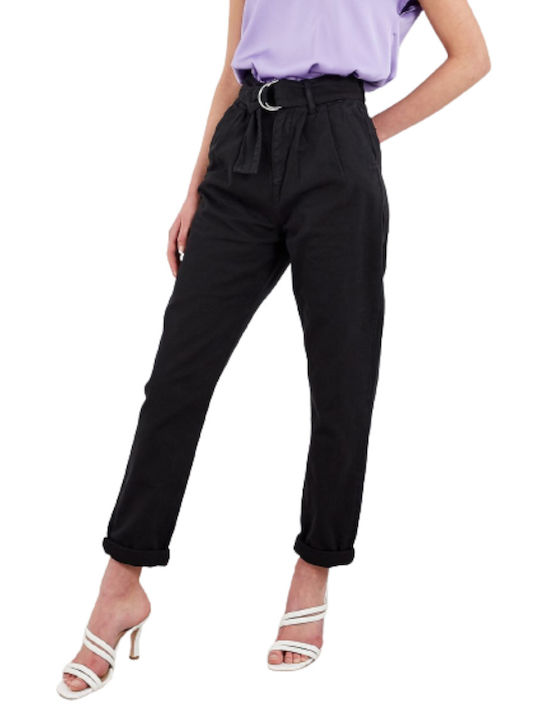 High Waist Women's Jean Trousers in Paperbag Fit Black