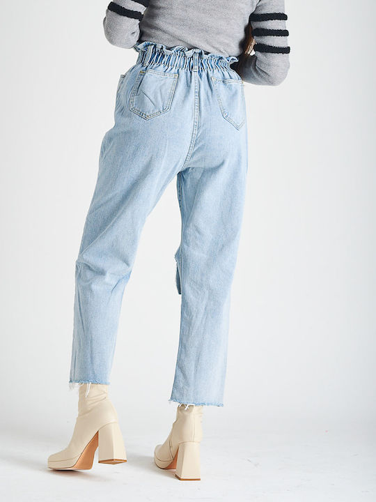 High Waist Women's Jean Trousers with Rips in Wide Line