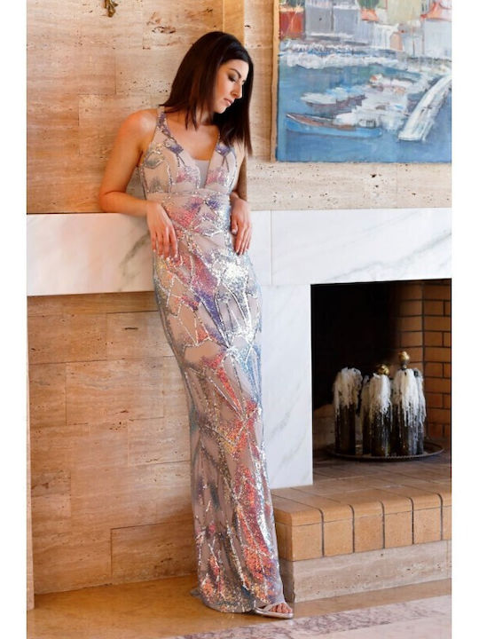 Summer Maxi Dress for Wedding Christening Open Back with Tulle Silver