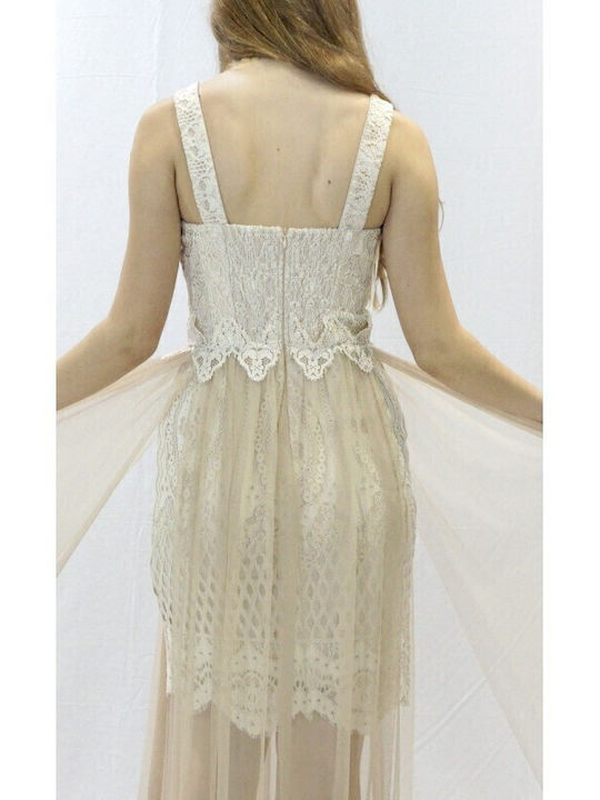 Maxi Dress for Wedding - Christening with Lace Beige