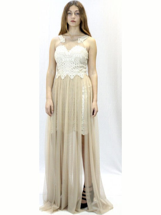 Maxi Dress for Wedding - Christening with Lace Beige