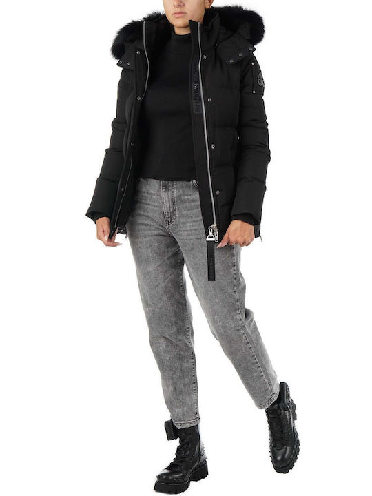 Women's Short Puffer Jacket for Winter with Detachable Hood Black