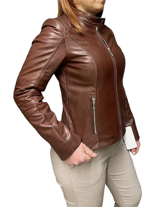 Δερμάτινο Γυναικείο Biker Jacket Καφέ