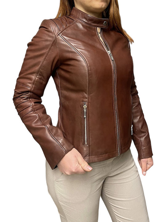Δερμάτινο Γυναικείο Biker Jacket Καφέ