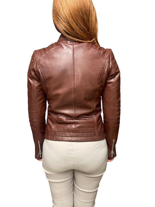 Δερμάτινο Γυναικείο Biker Jacket Καφέ