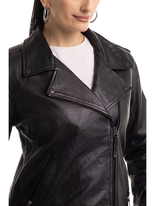 Women's Short Lifestyle Leather Jacket for Winter BLACK