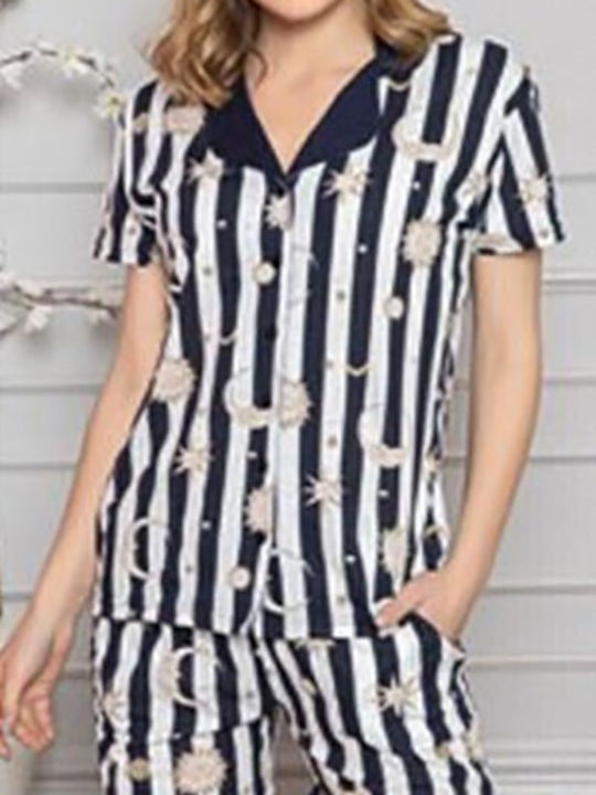 Mirano Homewear Καλοκαιρινό Γυναικείο Σετ Πιτζάμας Βαμβακερό Μπλε Σκούρο