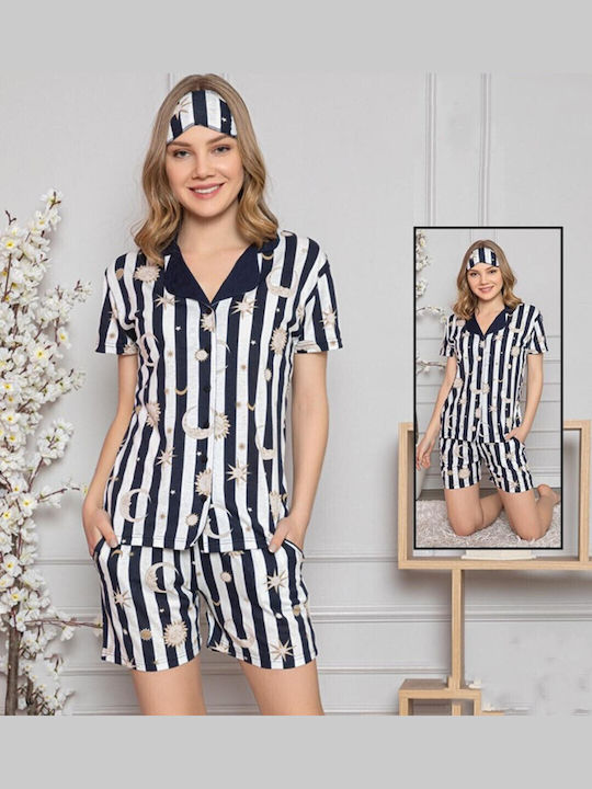 Mirano Homewear Καλοκαιρινό Γυναικείο Σετ Πιτζάμας Βαμβακερό Μπλε Σκούρο