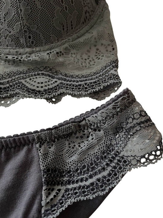 Jadea Lace Underwear Set with Bra & Brazil Gray