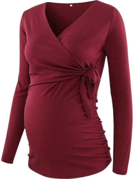 Women's Long Sleeve Nursing Maternity Top Burgundy Polyester-cotton