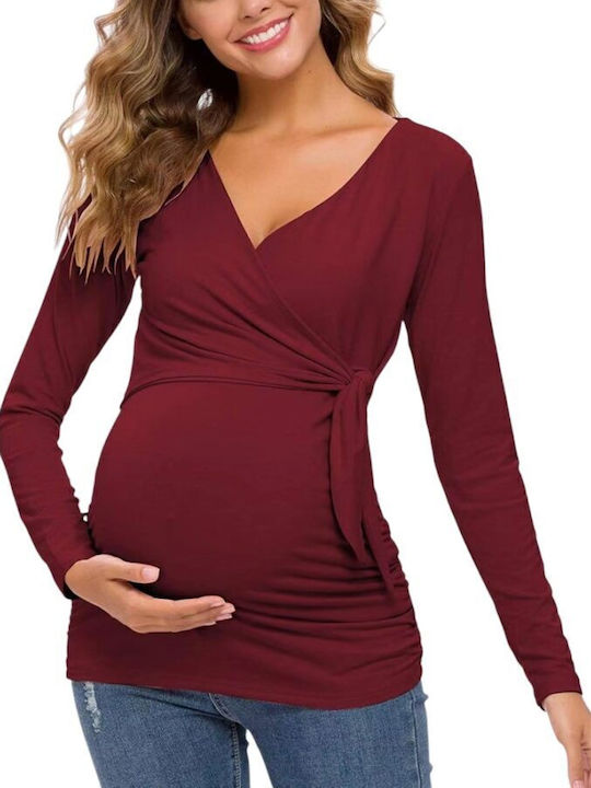 Women's Long Sleeve Nursing Maternity Top Burgundy Polyester-cotton