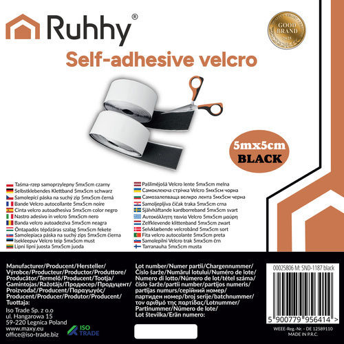 Ruhhy Self-Adhesive Hook & Loop Tape Black 50mmx5m 1pcs