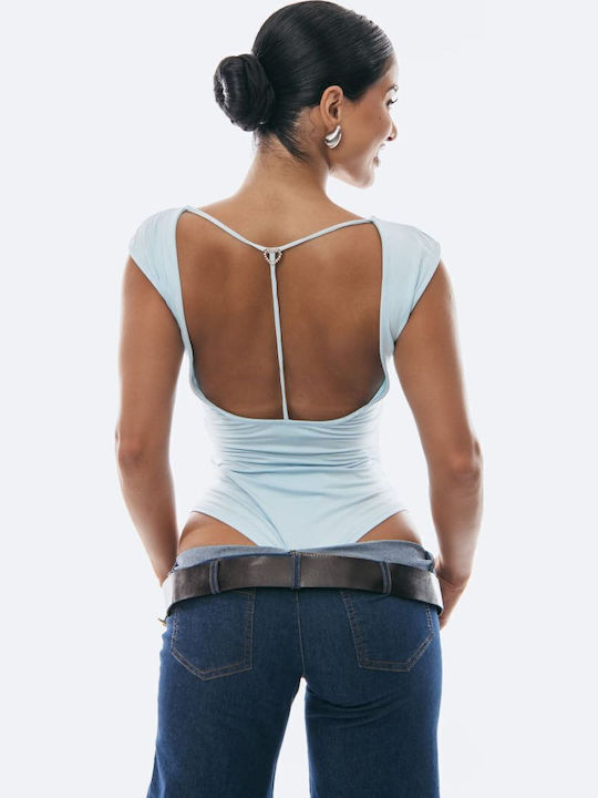 Bodysuit Open Back Rhinestones Sky Blue One Size