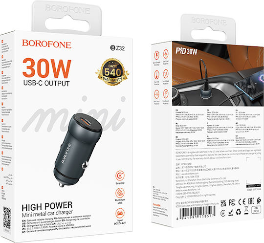 Borofone BZ32 Auto-Ladegerät 30W Schnellladung mit einem Anschluss: 1xType-C Gray Farbe