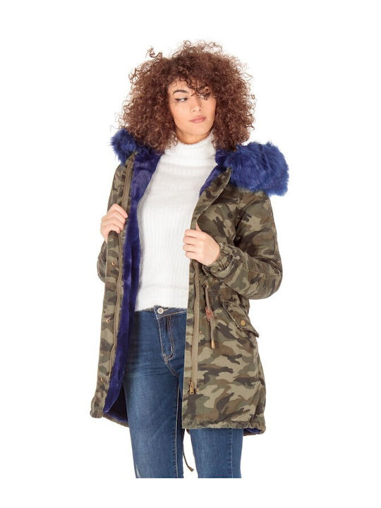 Lang Damen Parka Jacke mit pelziger Kapuze für Winter Blue prk-37249 (armbl)