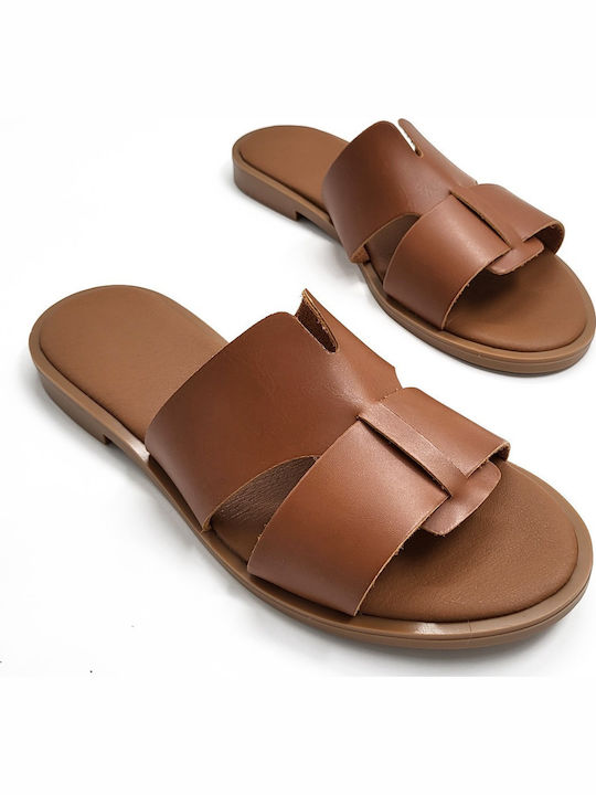 Leather Women's Flat Sandals in Tabac Brown Color