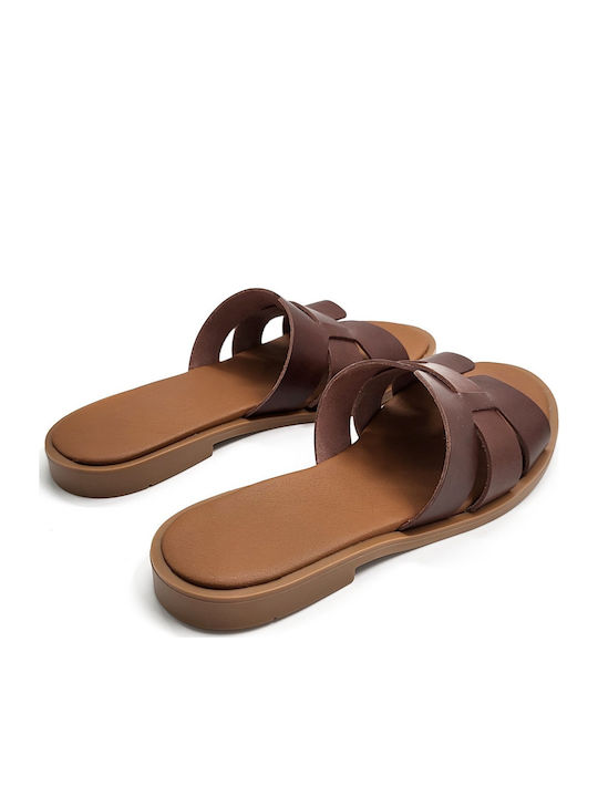 Leather Women's Flat Sandals in Brown Color